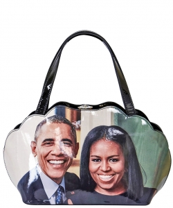 Frame Michelle Obama Fashion  Magazine Print Faux Patent Leather Handbag With Gold Embellishments PA0047 3